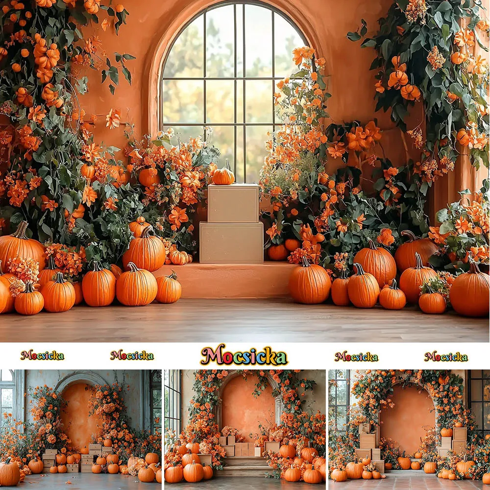 Mocsicka Photography Background Autumn Pumpkin Arched Garland Holiday Decoration Adults Kids Portrait Photo Backdrop Studio Prop