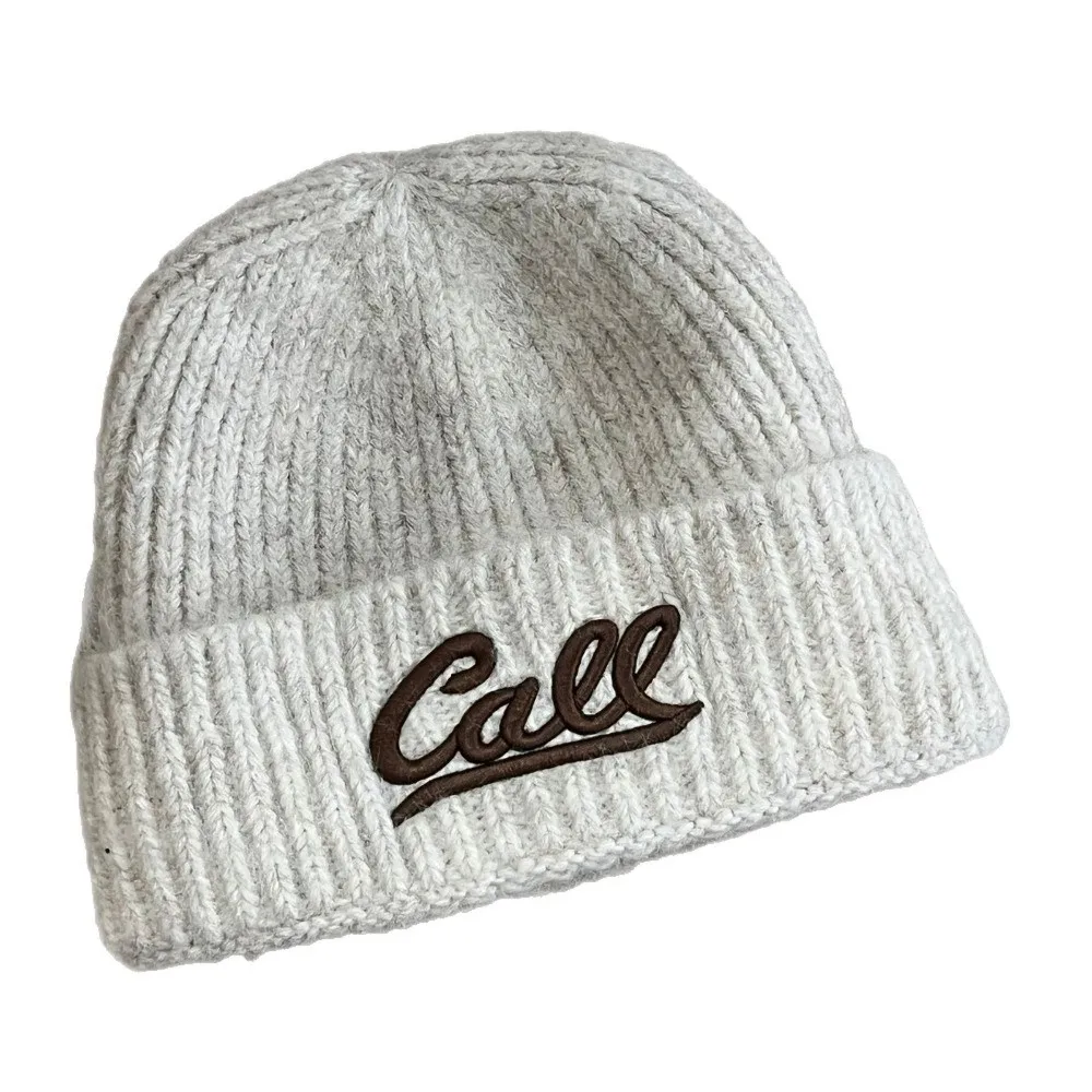 Topi Rajut Hangat dengan Bordir Huruf, Warna Solid, Topi Wol dengan Tepi Lipat Ganda, Lingkar Kepala Besar, Topi Musim Dingin