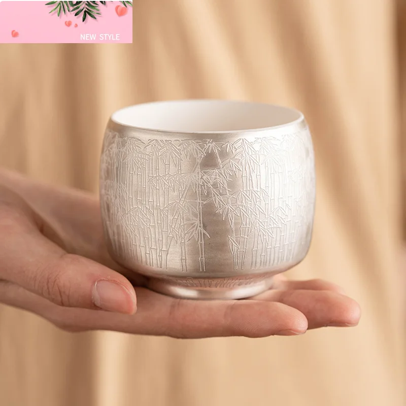 

Высококачественная позолоченная серебряная керамика 99, зеленый бамбуковый узор, мастер-чашка, персональная чайная чаша, специальная чайная посуда Chazhan для питья