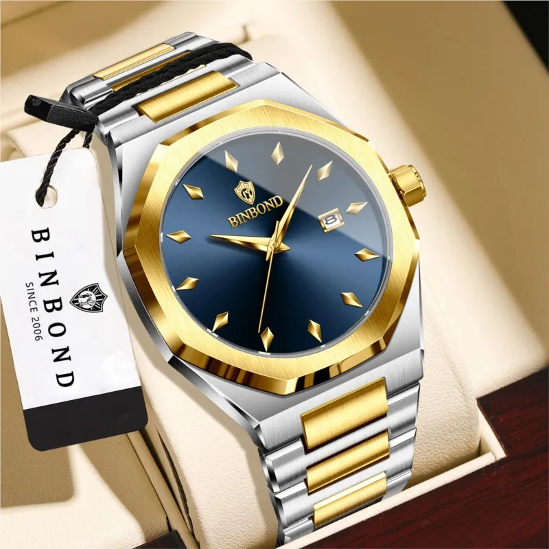 BINBOND Authentic Light‑Luxury Men Women Wristwatch Octagonal White‑Moon Style Steel Band Calendar Fashion Quartz Wrist Watch