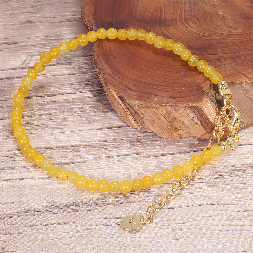 Natural Yellow Jade Thin Beaded Bracelet for Women Luck Bracelet Simple Design 925 Silver Chain Adjustable Handmade Jewelry