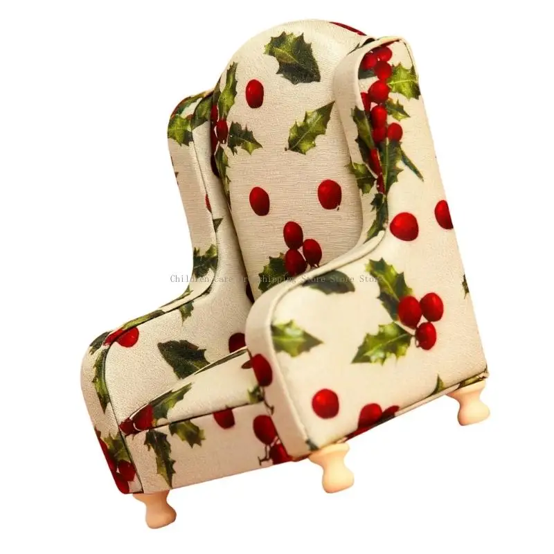 مجموعة أريكة بيت الدمية الواقعية، وسادة من القماش الزهري، قاعدة خشبية، كرسي بذراعين، نموذج تمثال 1/12، نموذج عرض المشروع #3