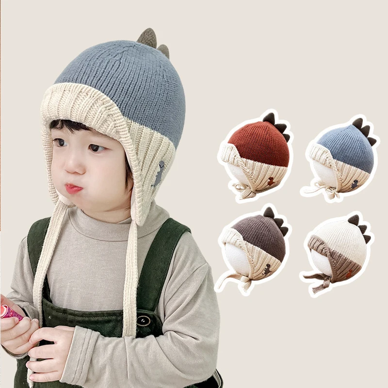 

Милая защитная шапка для ушей динозавра для ребенка, вязаный пуловер, зимняя теплая детская шерстяная шапка, бархатная шапка с подкладкой для мальчиков и девочек от 2 до 6 лет