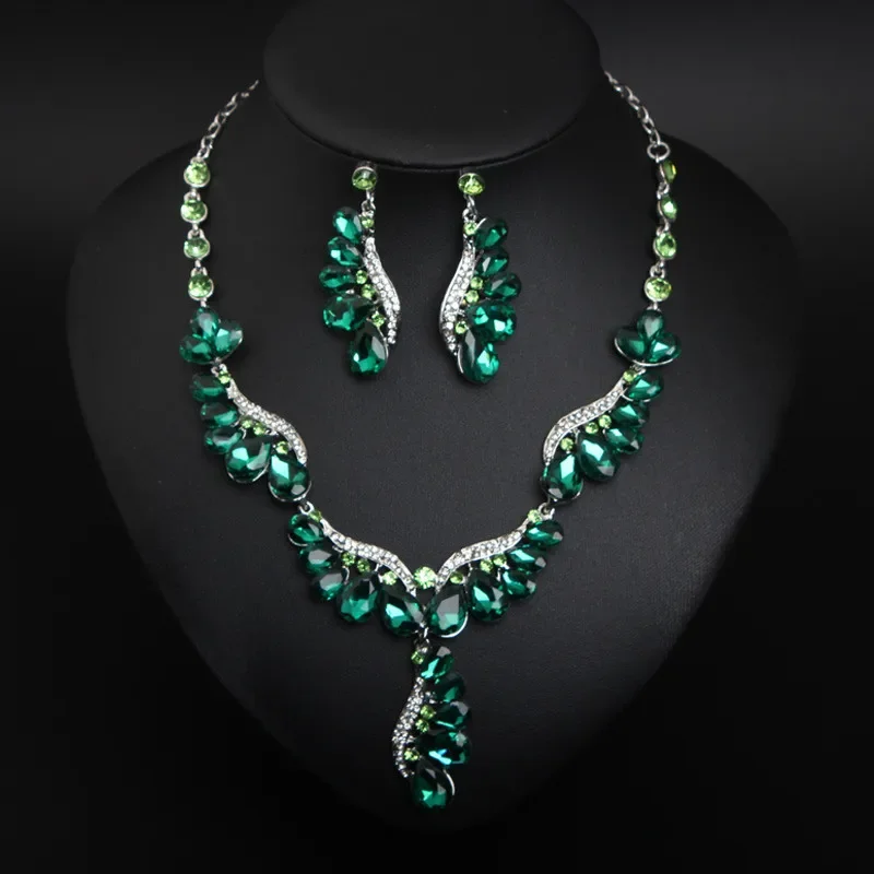 

AB Color Peacock Feather Wings Crystal Bridal Party Jewelry Sets Women Statement Silver Color Pendant Necklace Earrings Set