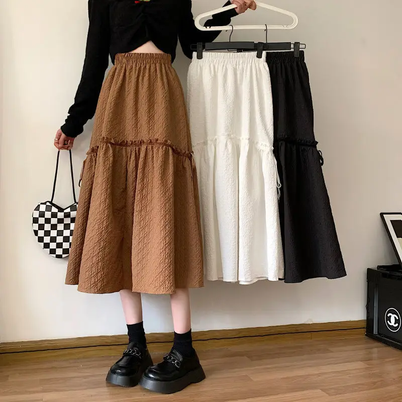 Biyaby Korean Elastic Waist Skirt Woman Autumn Winter Vintage High Waist A-Line Skirt Women Solid Thick Warm Long Skirts Lady