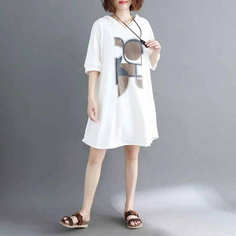 2025 Casual Geometric Printed Fashion Hooded Dresses Women\'s Clothing Loose Mori Girl Style Summer Spliced Straight Mini Dress