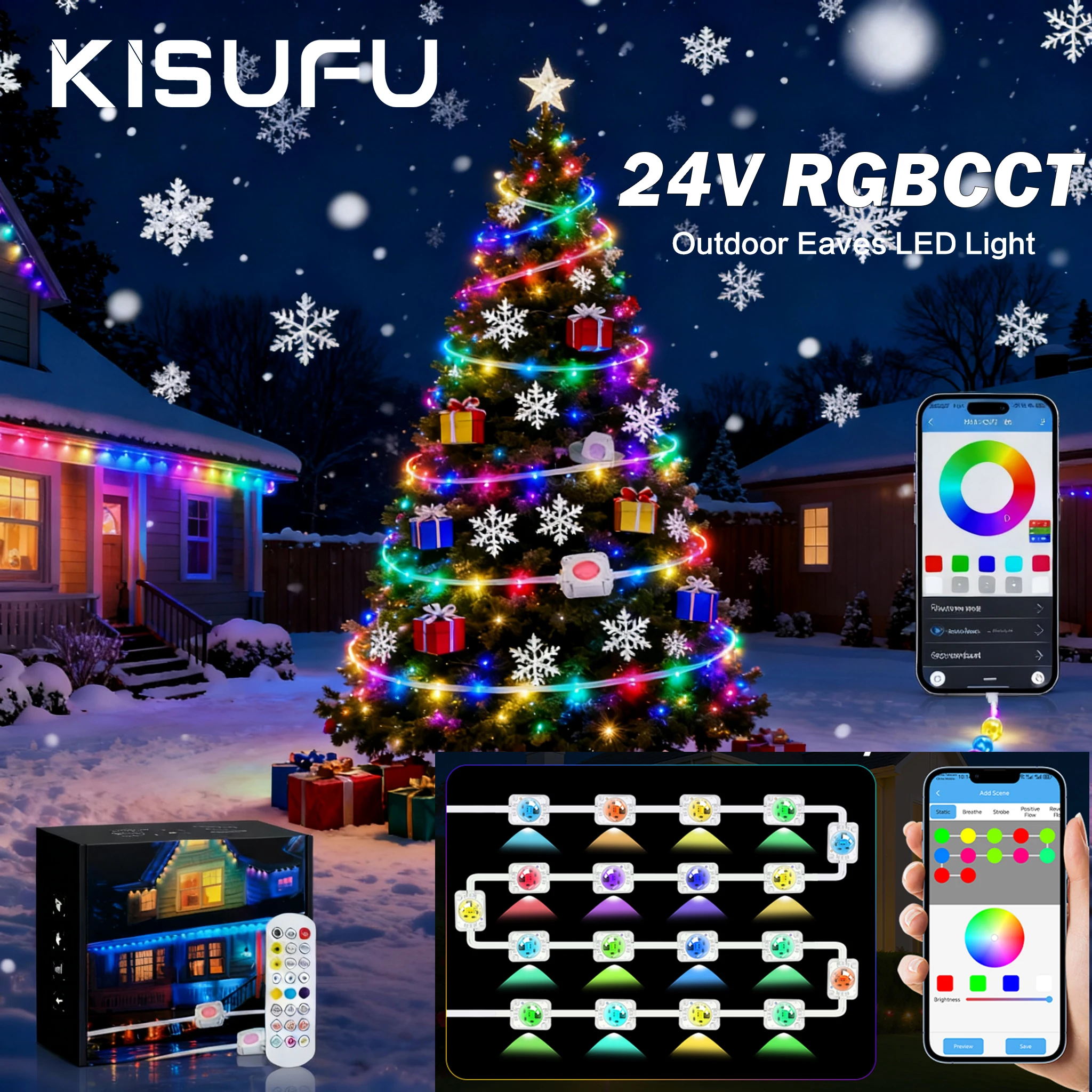 

RGBCCT Smart Eaves Light Постоянный уличный светодиодный гирляндный светильник 15 м/30 м/45 м/60 м Bluetooth пульт дистанционного управления водонепроницаемый рождественский декор