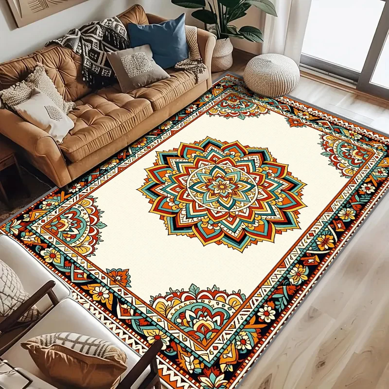 RAKKS 컨템포러리 보헤미안 러그 - 부드러운 크리스탈 벨벳 표면, 만다라 디자인, 거실 및 침실 홈 데코용 로우파일 매트