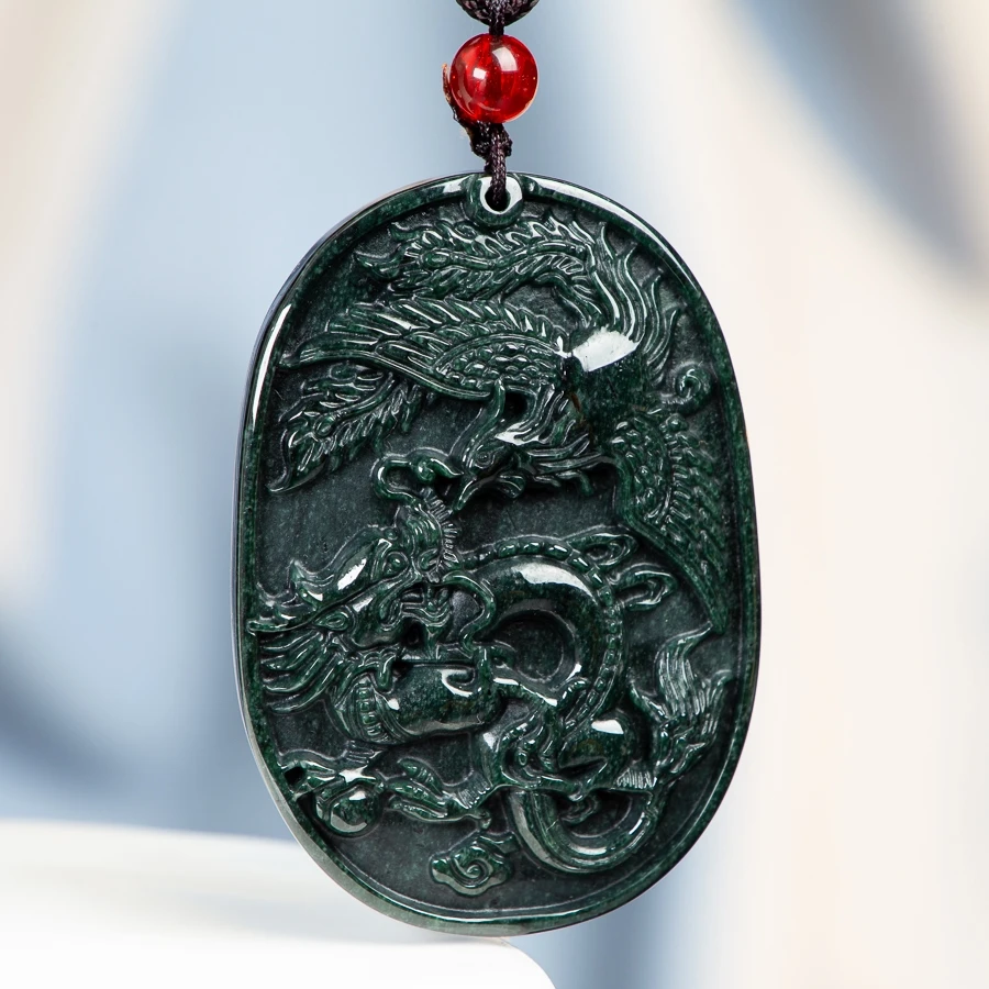 

TIMESWIND Natural A-type Ink Jade Dragon and Phoenix Carved Black Pendant Men Necklace with Certificate