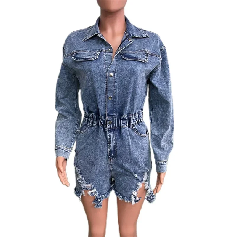 Snap Button Patchwork Denim Jumpsuit Shorts Women Fashion Elasticated Waist Broken Holes Tassel Rompers Female Casual Streetwear