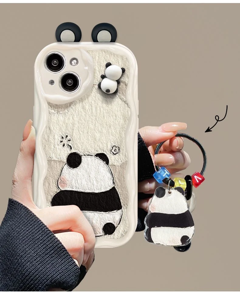 Korean Cute 3D Eyes Panda Phone Case For iPhone 15 14 13 12 11 Pro Max X XR XSMAX SE 8 7 Plus Wavy cream Silicone Cover L-Loopys