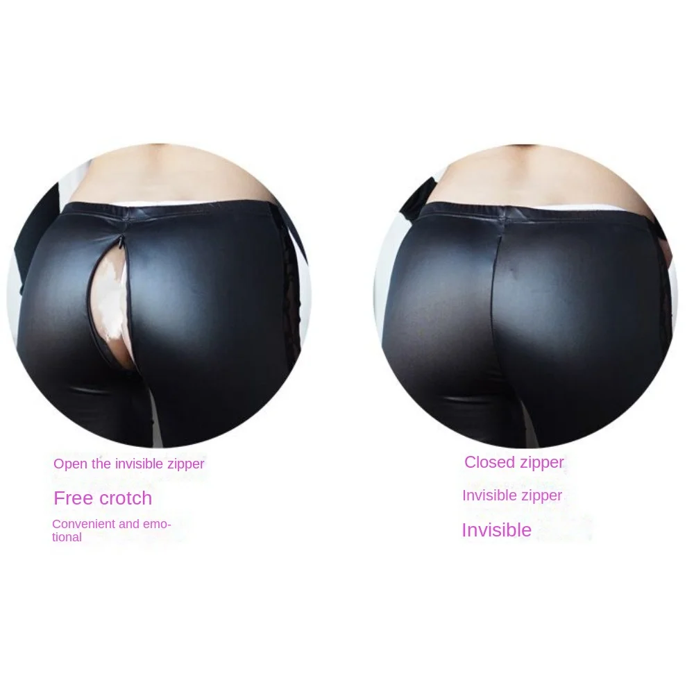 Invisible Open Outdoor Sex Fashion Leather Pants Sexy Push Up Breathable Slim High Waisted Flexible Club Party Disco Sexy Shorts