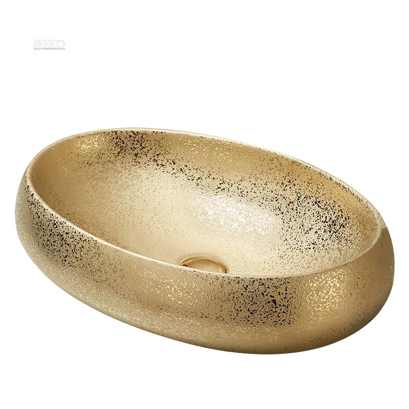 Ceramic Countertop Design Wash Basin Gold Color at Home Smooth Basin of Gold Surface MWD Ceramic Shampoo Sinks Golden Modern