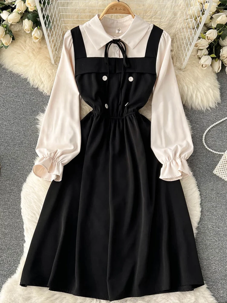 YuooMuoo Women Dress 2023 Spring Autumn Casual All Match Fake Two Piece Set Long Sleeve Shirt Dress Vintage Korean Vestidos