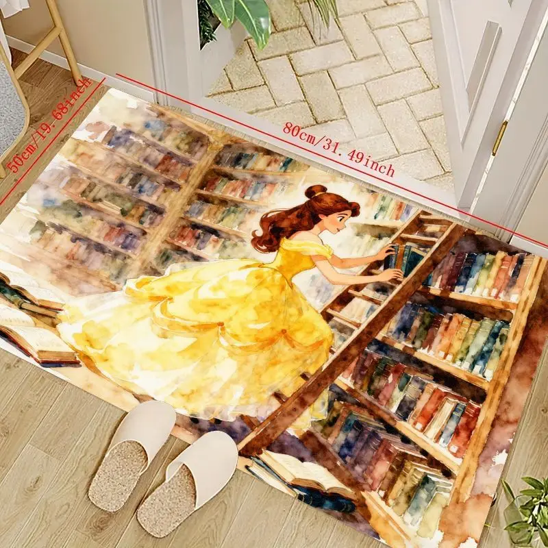 1PC Disney Princess Belle Library Watercolor Floor Mat (50x80cm), Beauty and the Beast Bookshelf Aesthetic Area Rug, Soft Non-Sl