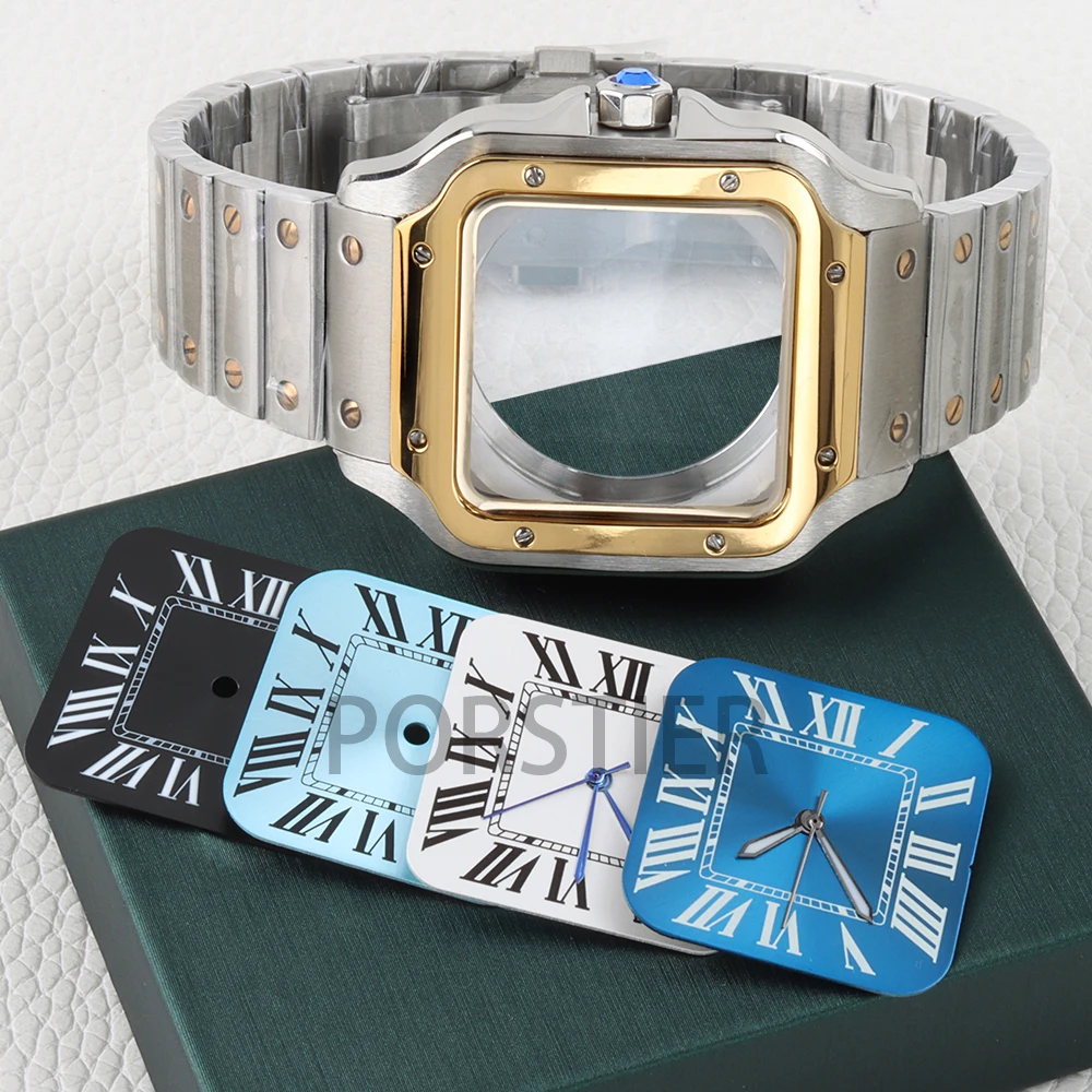 

Квадратный корпус для часов 38 мм, браслет из нержавеющей стали для механизмов Santos NH35, NH36, NH38, циферблат 27 мм, черные/синие стрелки, аксессуары для часов