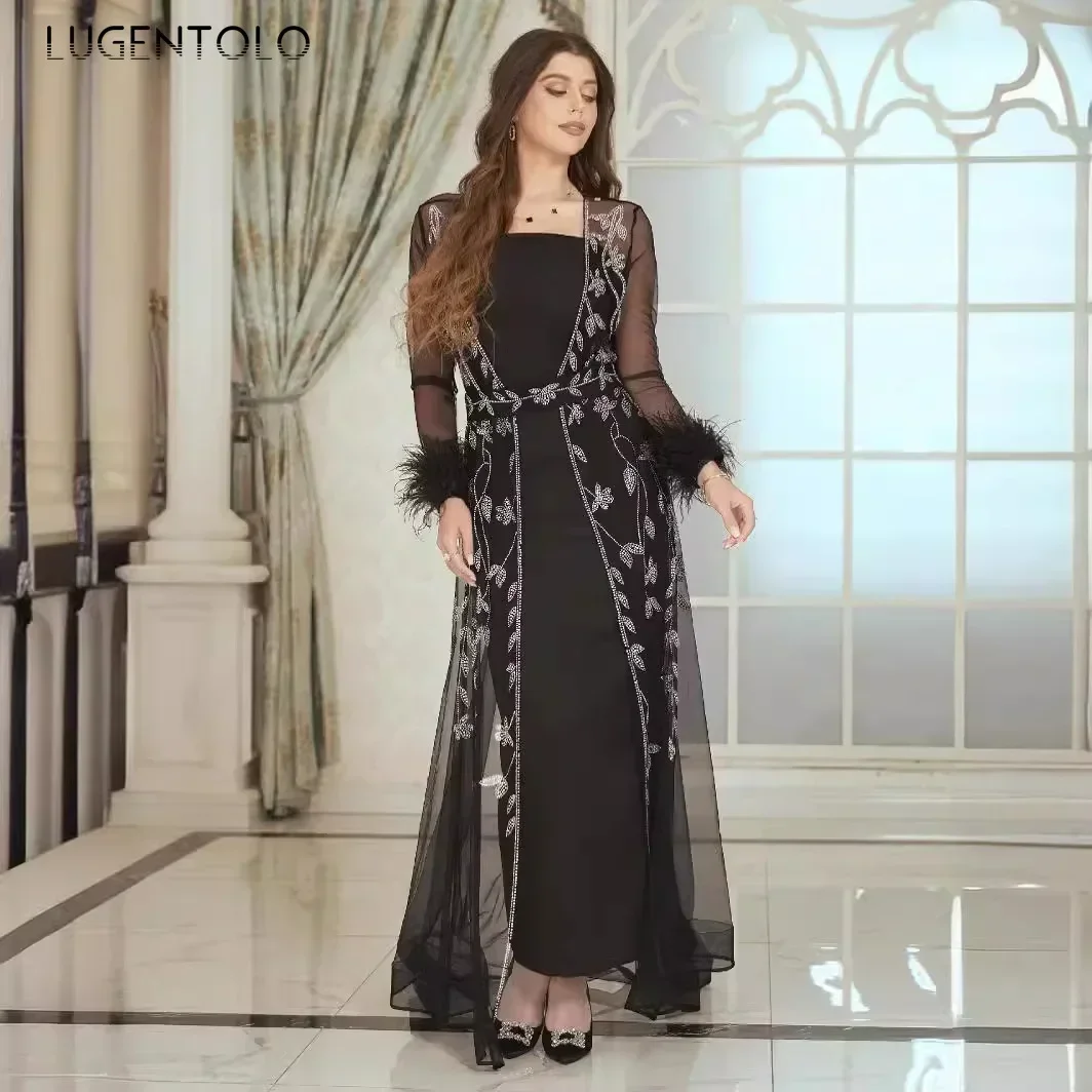 Frauen heißen Diamant Kaftan Robe Kleid Set elegante Party hochwertige Mesh sexy Perspektive Langarm Dame Schnür Bankett Stoff