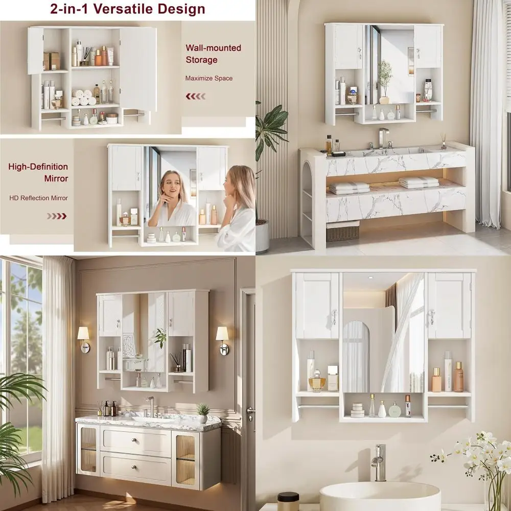 

Mirrored Wall Cabinet with Open Shelves and Towel Bars for Bathroom, Laundry, and Kitchen Storage