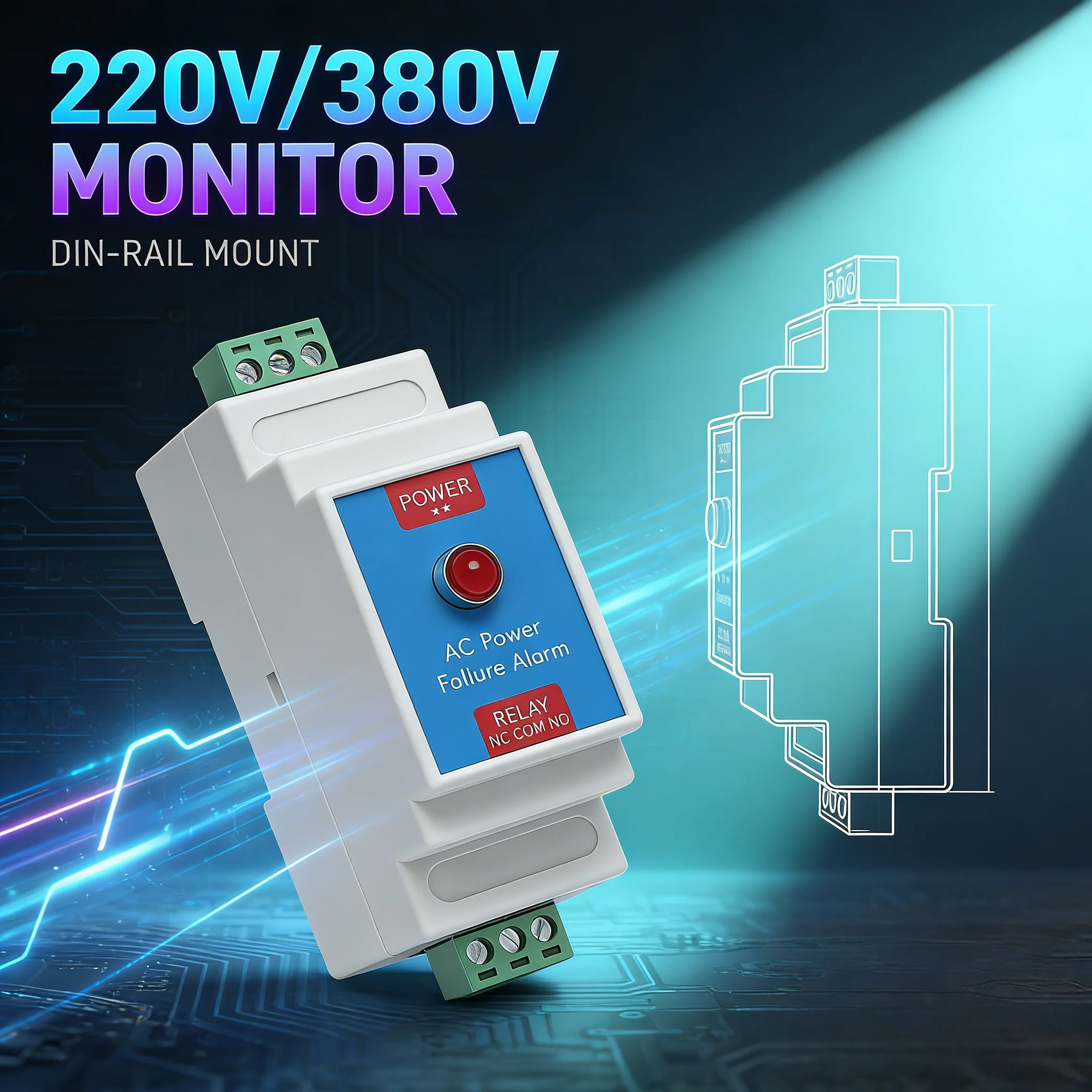 

220V/380V Power Failure Detector, 3-Phase Monitoring Relay Dry Contact DIN35mm Rail