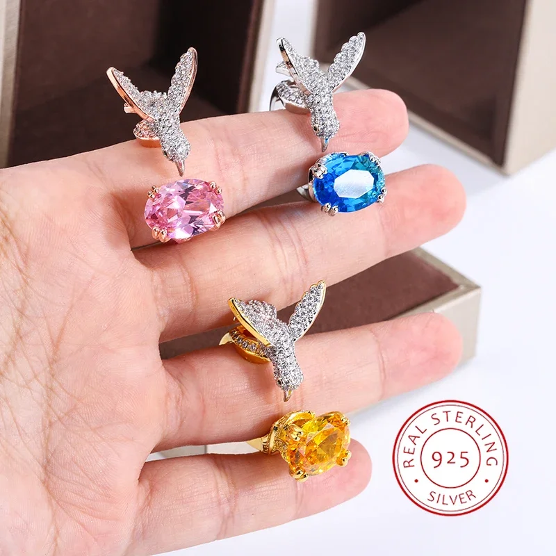 Creative Colored Gemstone Ring for Women Simulating Mary's Aquamarine Hummingbird Ring 925 Stamp Wedding Party Fashion Jewellery