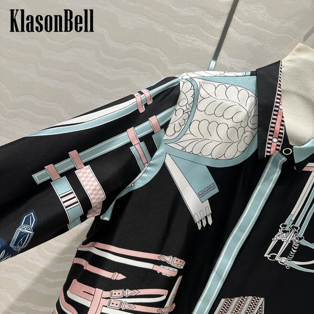 8.14 KlasonBell Women Classic Bridle Geometric Print Shirt 100% Silk Temperament Lapel Loose Casual Blouse Autumn New