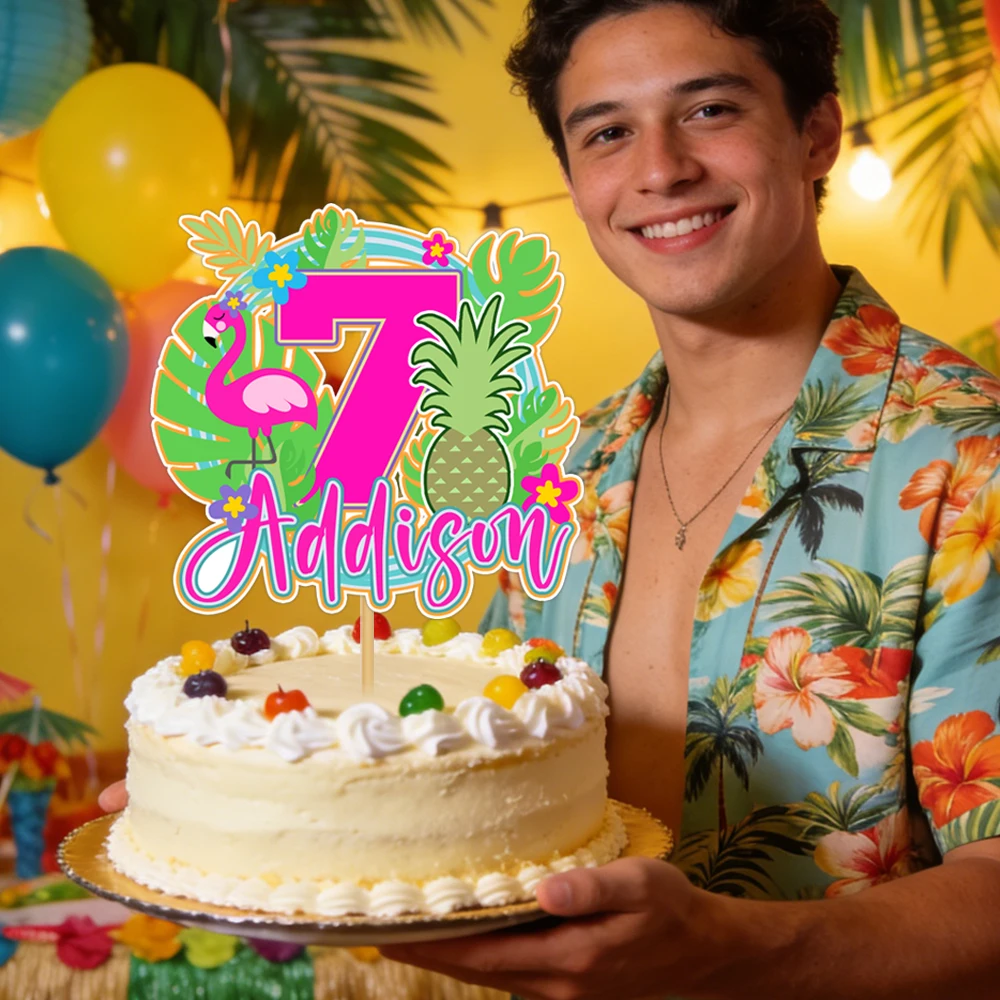 1 pieza de decoración personalizada para pastel de verano con diseño de flamenco, nombre y edad personalizados, decoración de cumpleaños, artículos para fiestas temáticas tropicales hawaianas