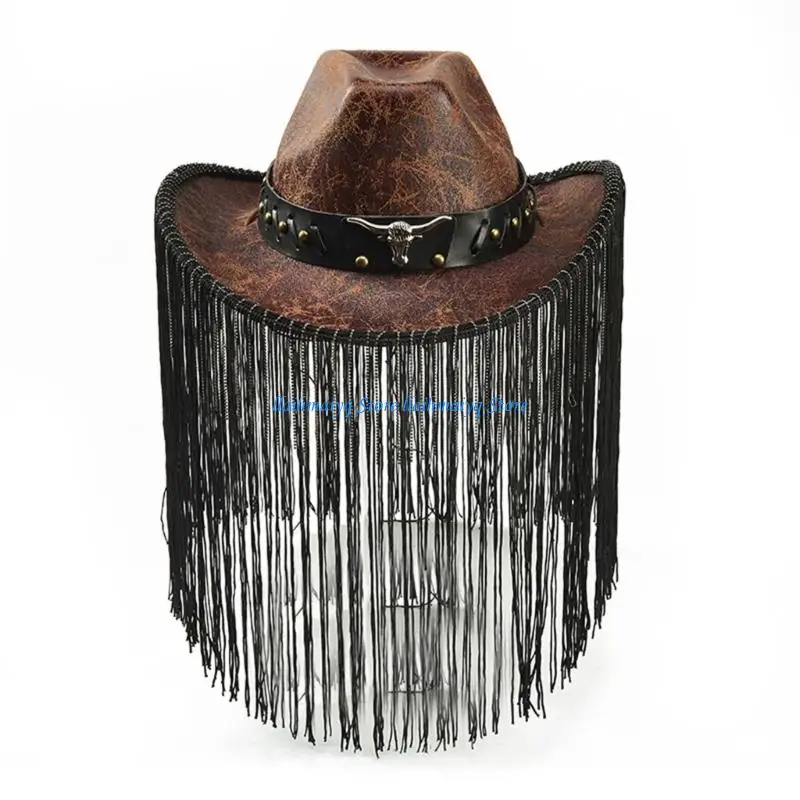 573B Western Cowboy Hats With Flowing Fringe Durable Fabric Cosplay Photo Props