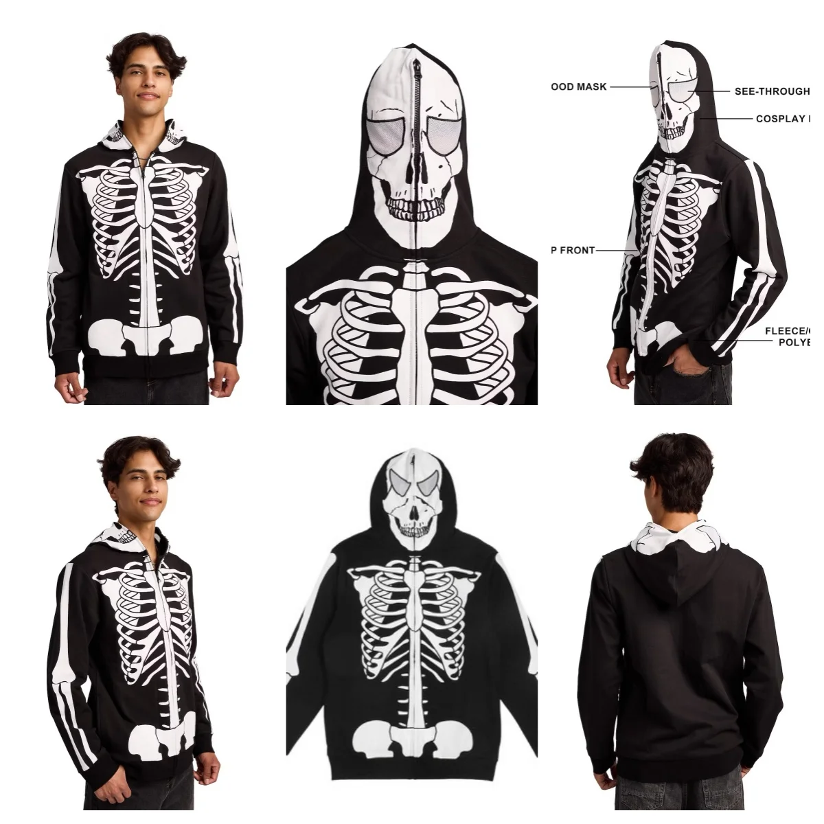 Couple Hooded Sweatshirt Thin Fleece Zipper Face Cover Skeleton Design Dark Style Halloween Theme Chinese Brand Loose Fit Lon...