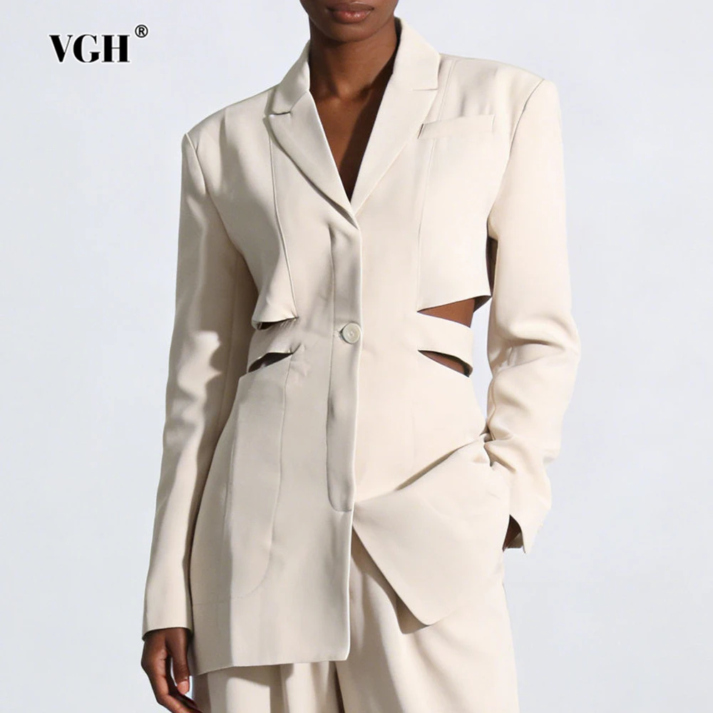 

VGH Temperament Solid Slimming Jackets For Women V Neck Long Sleeve Spliced Button Hollow Out Casual Jacket Female Fashion New