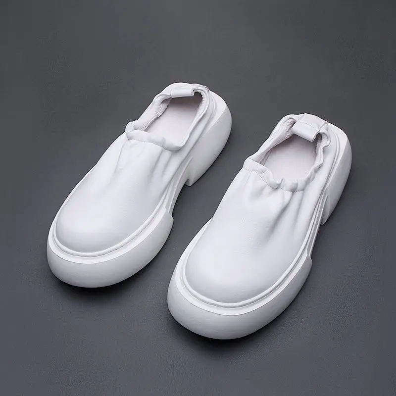 Mens Genuine Leather Shoes Design Summer Footwear Slip on Solid Color Height Increase Loafers Comfortable Casual Platform Shoes