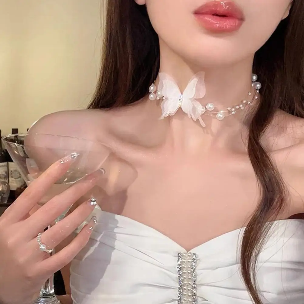 Romantic Butterfly Pearl Tie Bow Necklace Women Luxury Party Ribbon Temperament Gift Jewelry Sweet Collarbone Silk Chain Ch O5E6