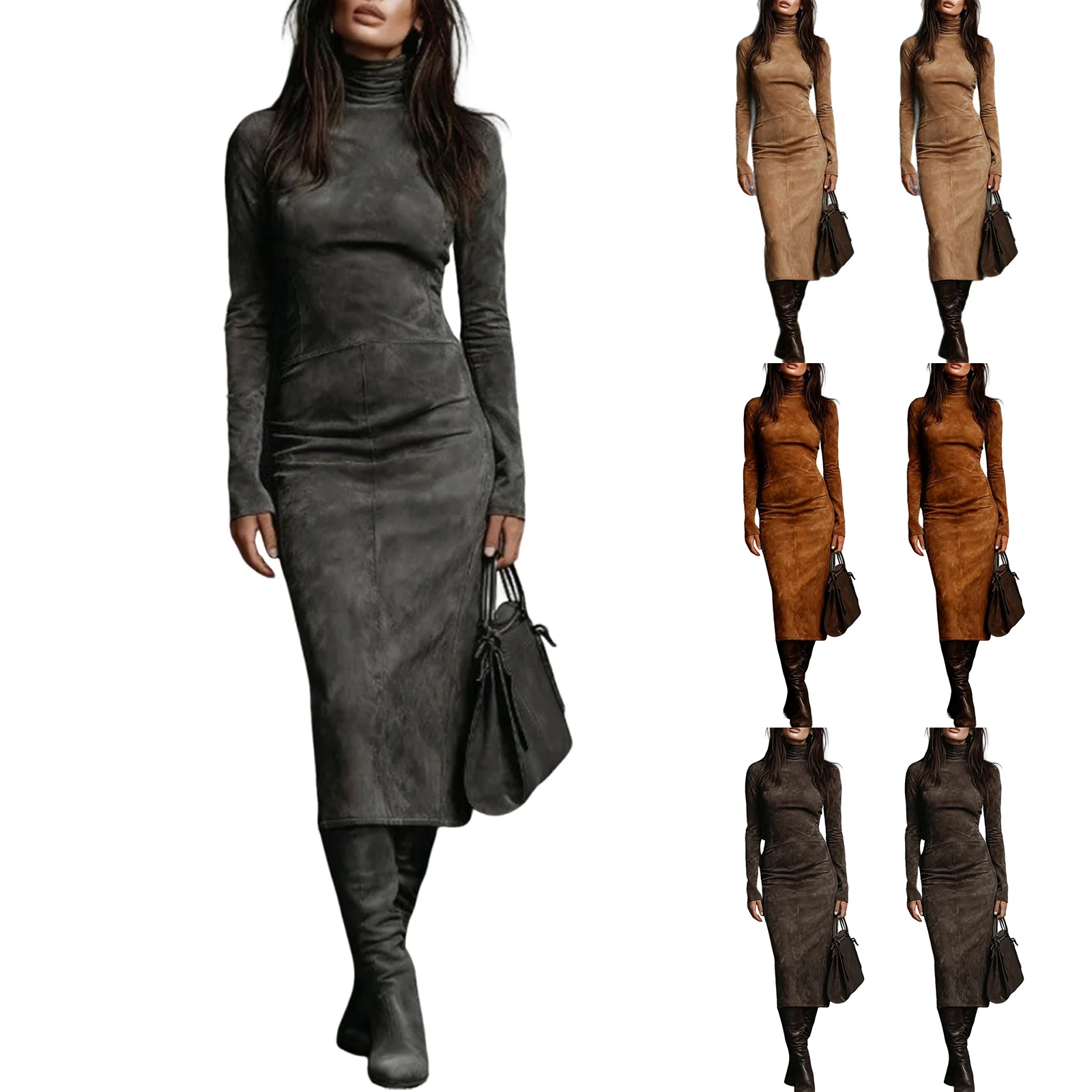 Turtleneck Velvet Bodycon Dress Trendy Long Sleeve Solid Color Midi Dress Chic Slim Fit Wrinkled Fashion Casual Outing Dress