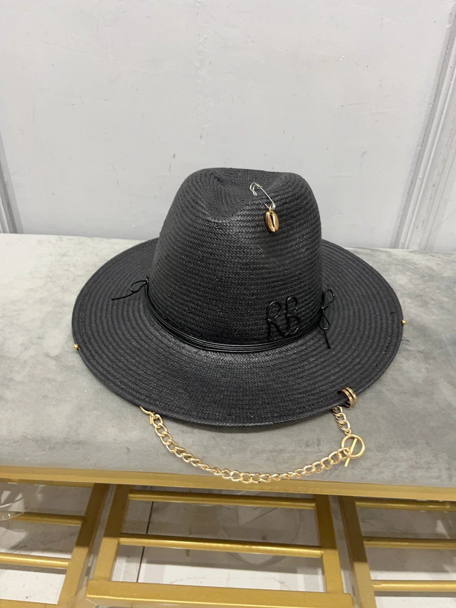 2023 summer new arrival RB straw hat black chain strap fedora hat for women  Sunshade Beach Hat Ladies