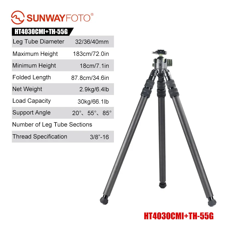 UNWAYFOTO HT4030CMI omgekeerde poten van koolstofvezel zonder middenkolom, 40 mm, 3 secties, 69'' hoog, belastbaar tot 66 lb. (30kg)