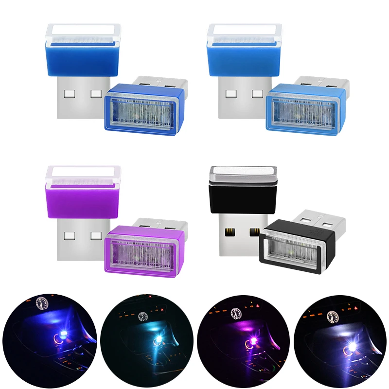 

2 шт. USB светодиодный автомобильный светильник, автомобильный интерьерный атмосферный светильник, аварийное освещение, RGB, авто красочная декоративная лампа, автомобильный аксессуар