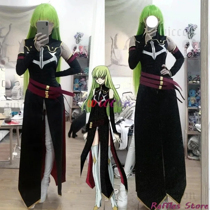 كود Geass CC تأثيري حلي الساحرة السوداء الملكة C.C. بدلة شعر مستعار موحدة أنيمي كرنفال الهالوين مجموعة كاملة فستان حفلة أنيمي