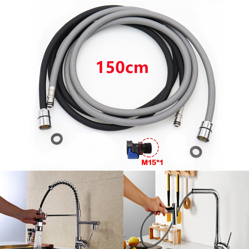 

150cm Kitchen Faucet Hose Replacement Pull Out Nylon Braided Flexible Plumbing Hose G1/2 M15 Black Grey Spinning Tube Accessory