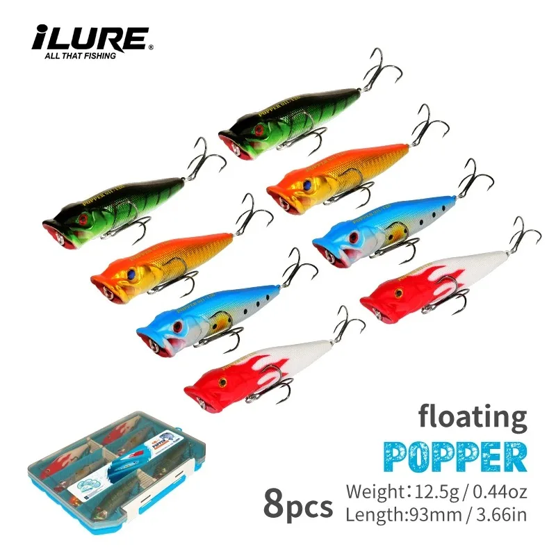 

ILURE 8Pcs Fishing Lure Popper 12.5g93mm 3D Eyes Artificial Hard Bait Wobblers Floating Crankbait Sea Fishing Trout Bass Tackle