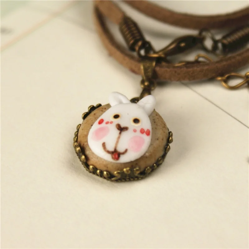 ★Ab44 Handmade Artistic Adorable Rabbit Handmade Ceramic Necklace Cowhide String Special Ornament Choker