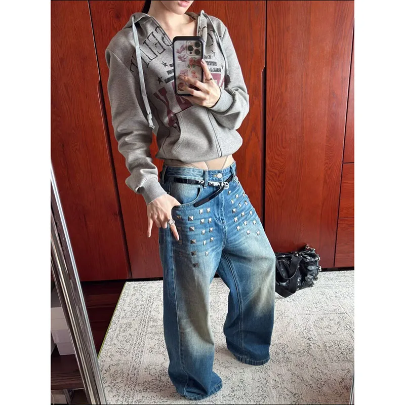 Women Vintage Washed Stud‑Decorated Jeans Lady Baddie‑Style Low‑Rise Design Loose‑fit Wide‑Leg Fashion Long Trousers