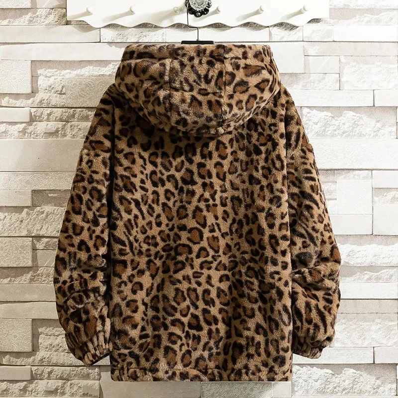 Autumn Winter Cotton-Padded Jacket Women Vintage Leopard Hip-Hop Style Loose Furs Coat Plus Velvet Fur Hooded Overcoat Female