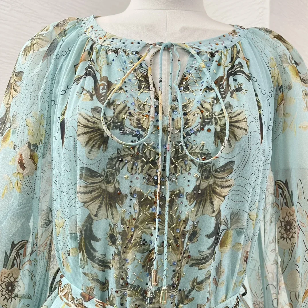 Vestido Midi suelto de manga larga con estampado Floral para mujer, Jersey azul de seda con cuentas, ropa de verano