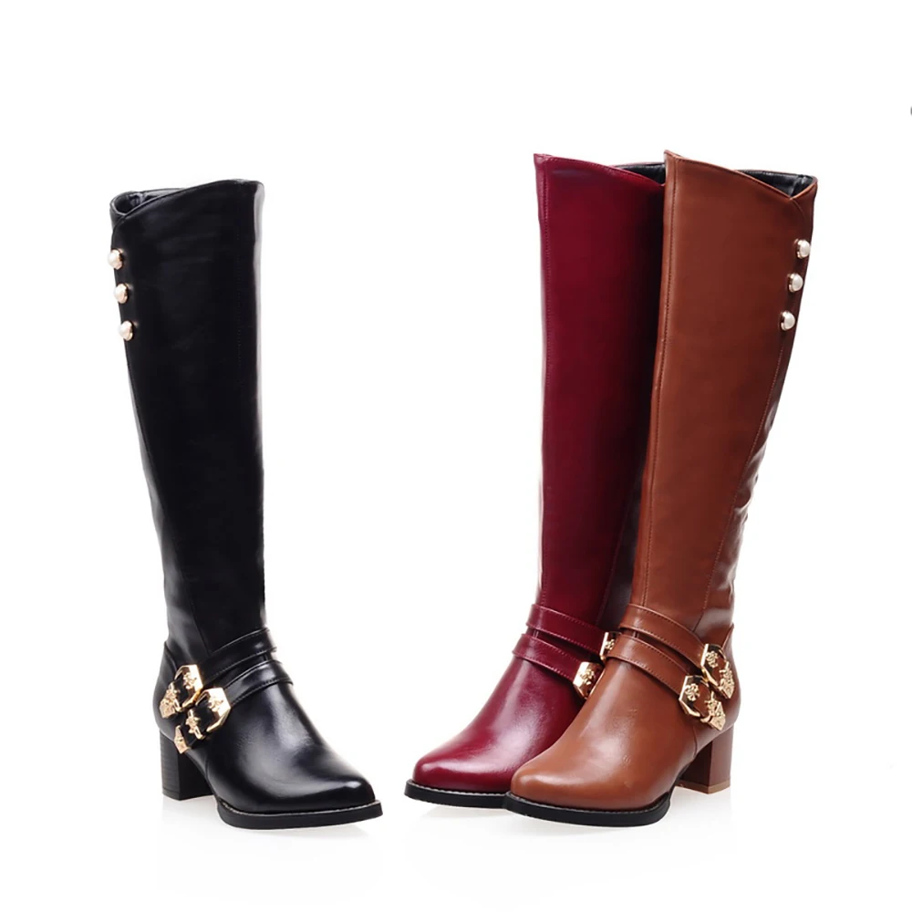 Brand New Fashion Red Black Women Knee High Motorcycle Boots 2 inch Heels Lady Shoes HL21 Plus Small Big Size 12 31 45 52