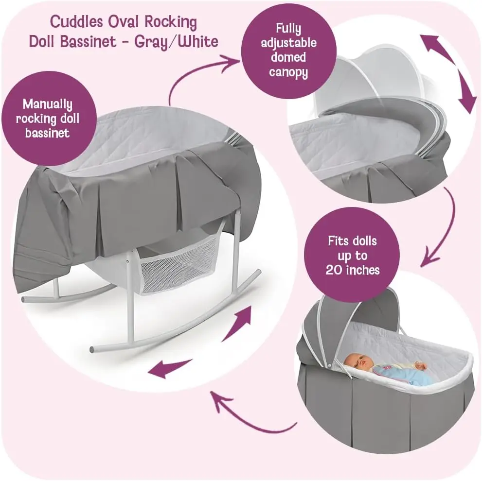 Doll Bassinet with Canopy for 18-20 Inch Dolls, Includes Storage Basket and Bedding - Gray Nursery Bed