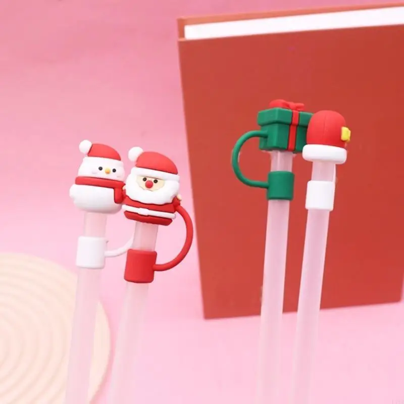 F19B 6pcs Christmas Silicone Straw Covers Dustproof Drinking Straw Caps Toppers Lids