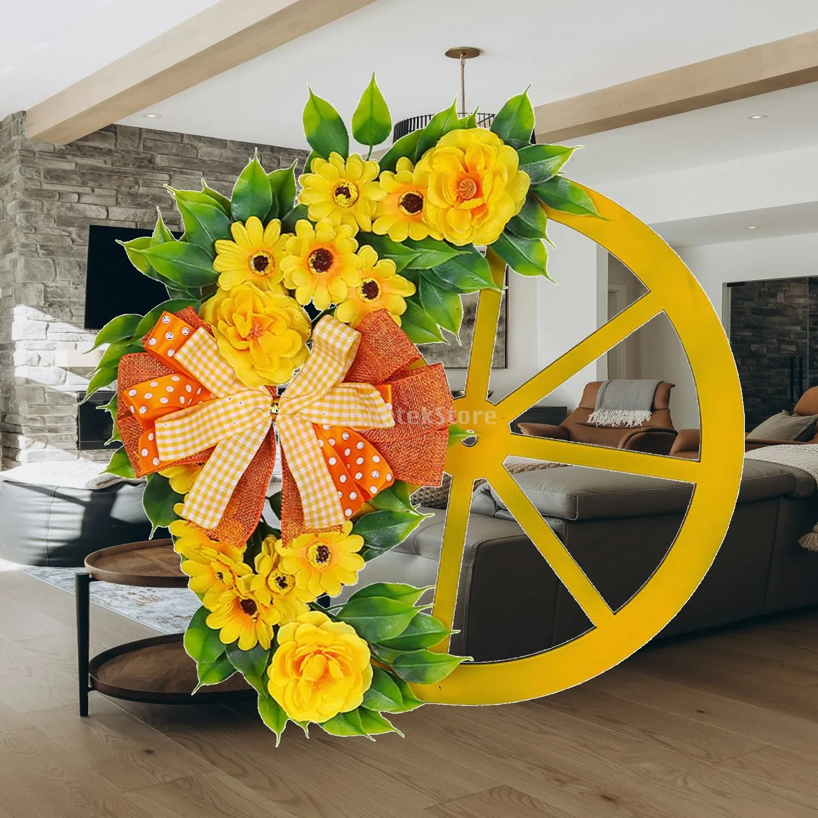 Spring Front Door Wreath Wooden Wheel 16x16inch Lifelike New Year Wreath
