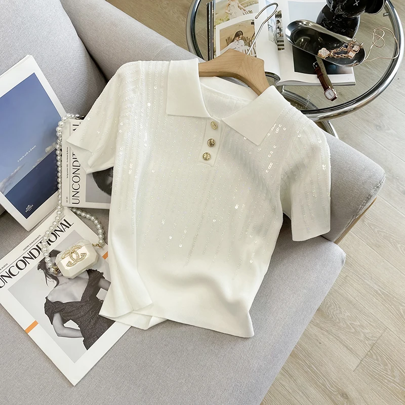 T-shirt ort Sve lavorata a maglia in seta di ghiaccio slim fit T-shirt estiva da donna New Sle a vita alta Ne Pullover Faionable Bright Paillettes