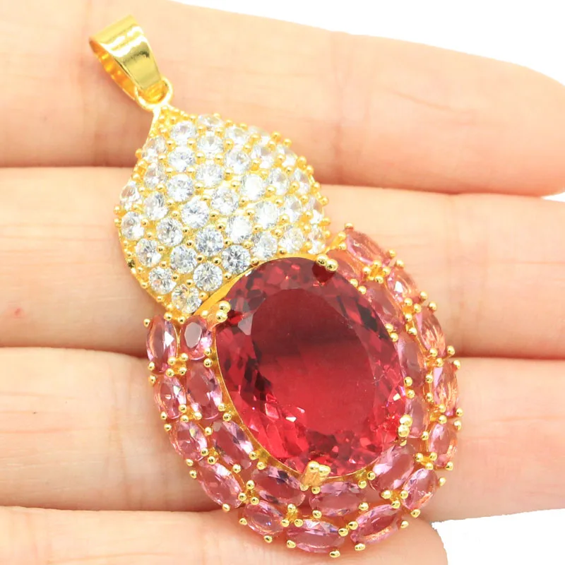 

52x26 мм привлекательный большой драгоценный камень 9,5 г розовый турмалин белый CZ женский свидание золотой серебряный кулон