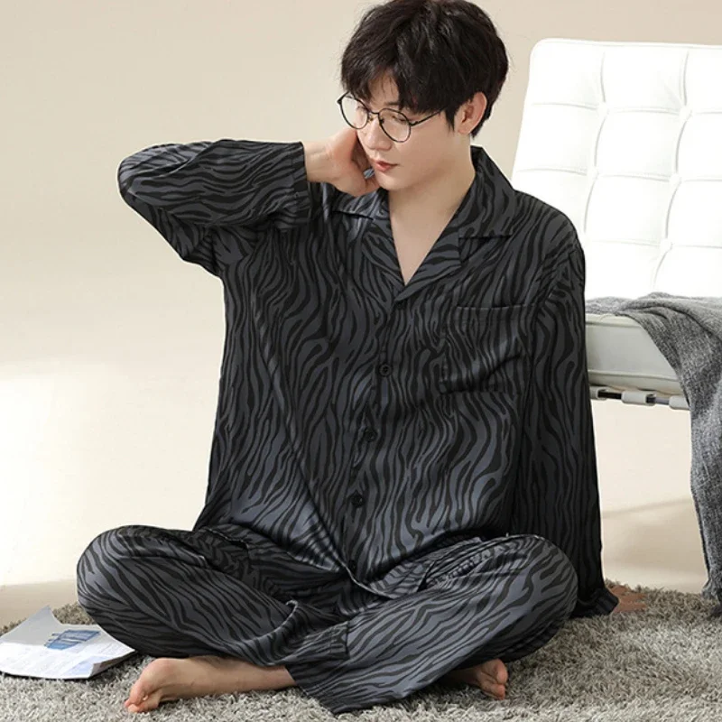 Luxury Brand Silk Sleepwear Men Pajama Sets Long Sleeve Cardigan Pants Two Pieces Spring Autumn Loungewear Pajamas High Quality