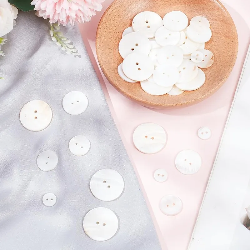 70pcs Shell Buttons Pearl Button Sewing Buttons 2 Hole 10/16/20/25mm White Genuine Mother of Pearl Buttons Flat Round Buttons